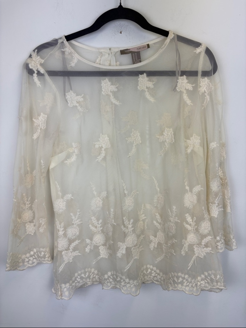 Forever 21 Sheer Lace Floral Embroidered XS Ivory Cottagecore Romantic Top